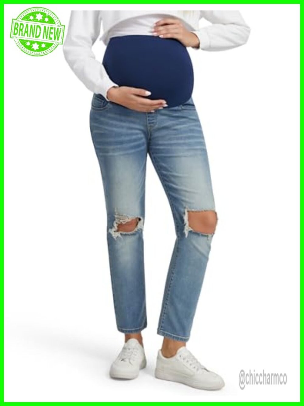 Ripped Maternity Jeans Full Belly Panel Straight Leg